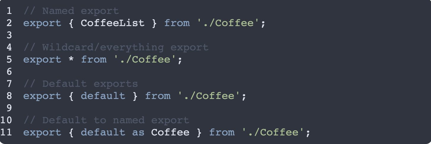 How to import and export a module on the same line in JavaScript code example image