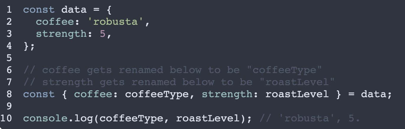 How to rename a destructured variable in JavaScript code example image