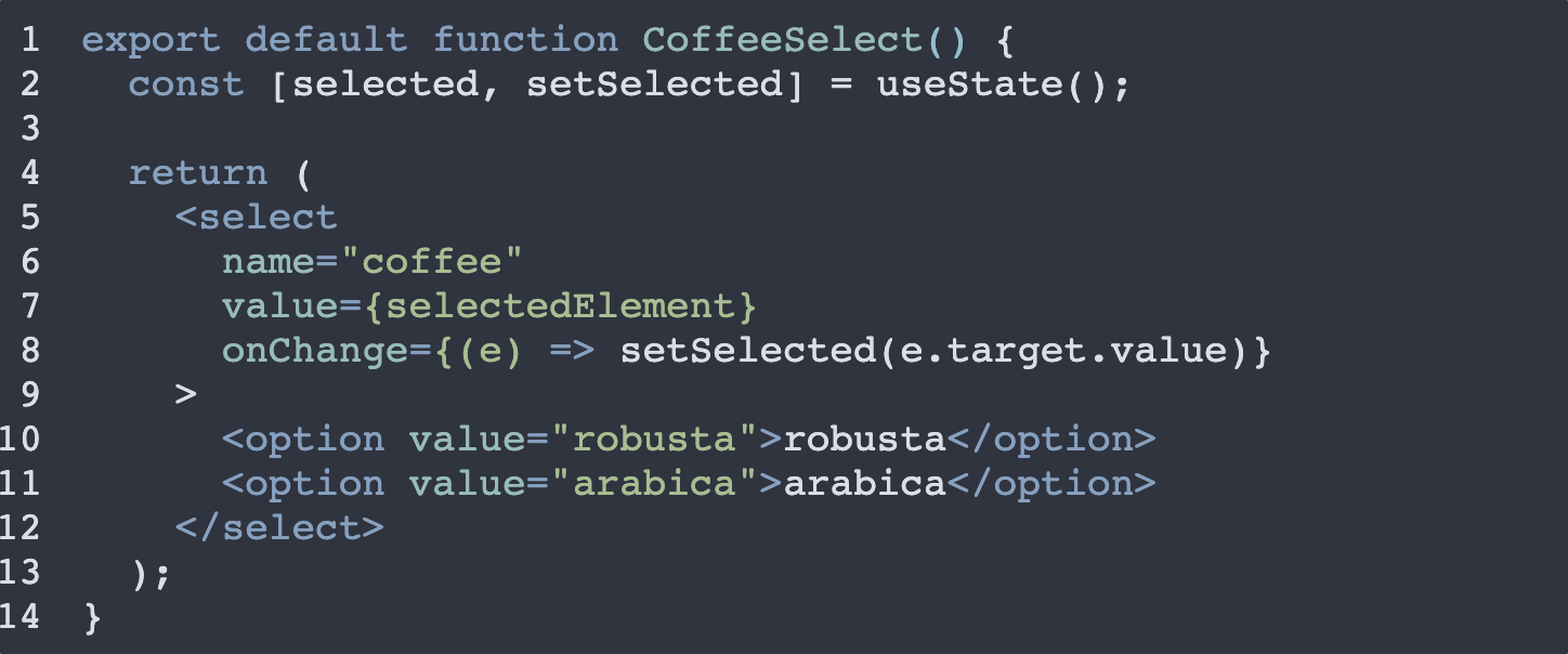 How to set the selected option on a select element with React and JSX code example image