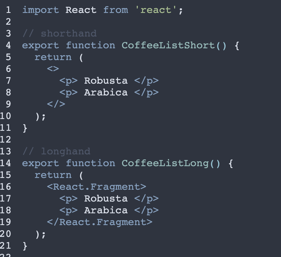 What are the differences between React.Fragment vs <> code example image